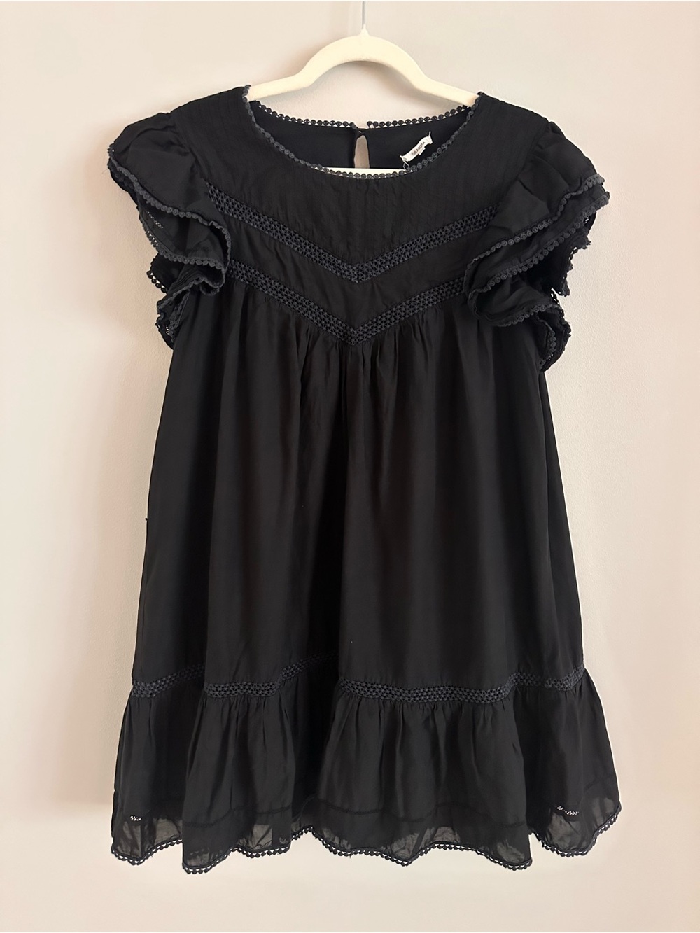 Tularosa Revolve Black Flutter Sleeve Babydoll Dress Crochet Lace Trim Large